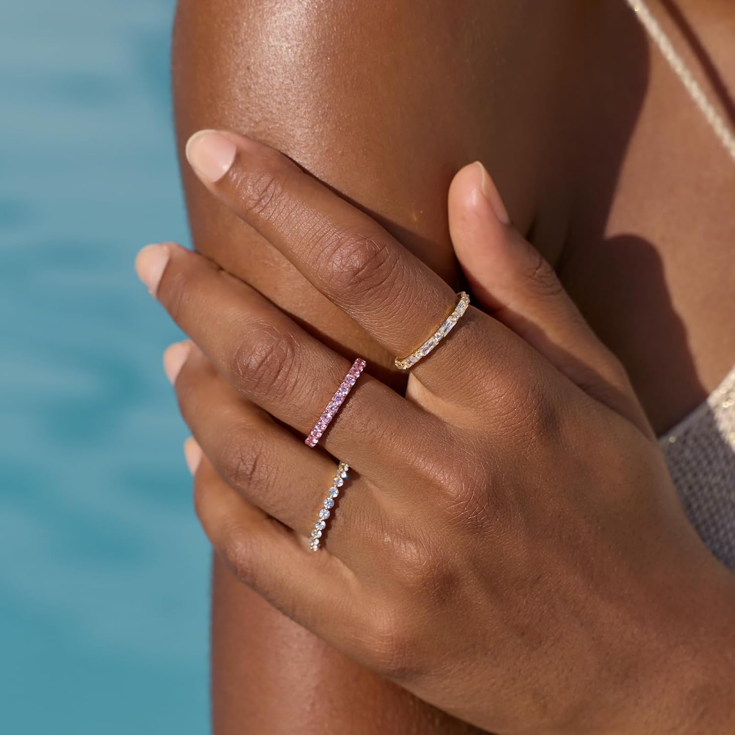 STORYJEWELLERY Rose Gold Plated Wedding Bands for Women, Pink Stone Ring, Stackable Rings, Eternity Band Rings for Women, Gifts for Her - Image 5