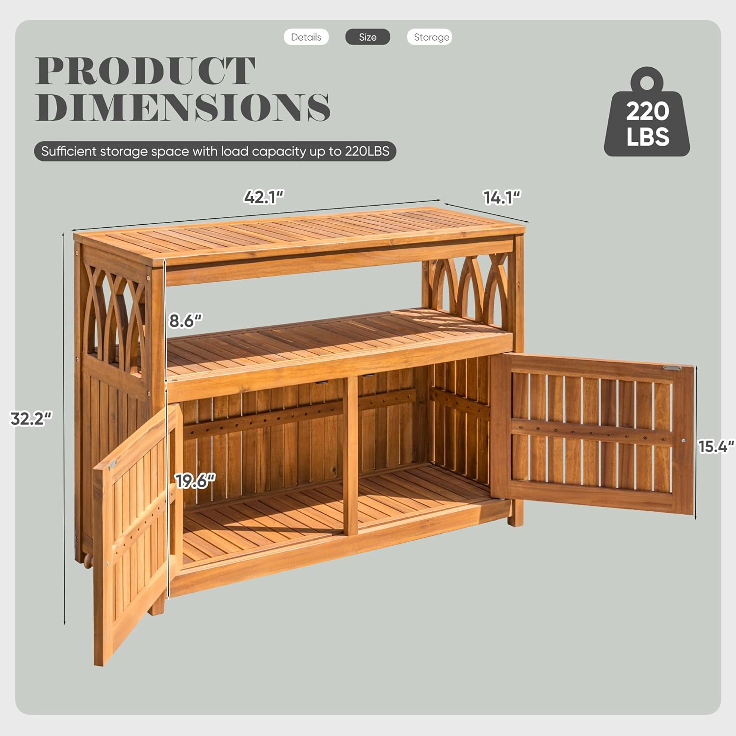 Devoko Outdoor Storage Cabinet, Weatherproof Cabinet Acacia Wood with 2 Magnetic Doors and Shelve, Outdoor Buffet, TV Stand, Potting Table (Brown)