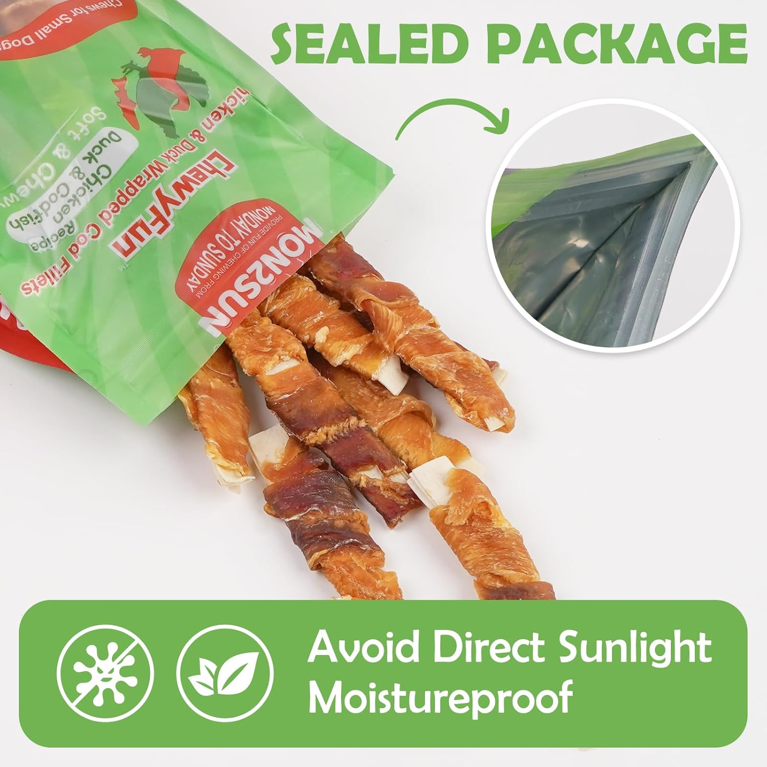 MON2SUN Dog Treats, 4-4.5 Inch Chicken and Duck Wrapped Cod Fillets, Rawhide-Free, Soft and Training Treats for Small Dogs, 20 oz (56 Count)