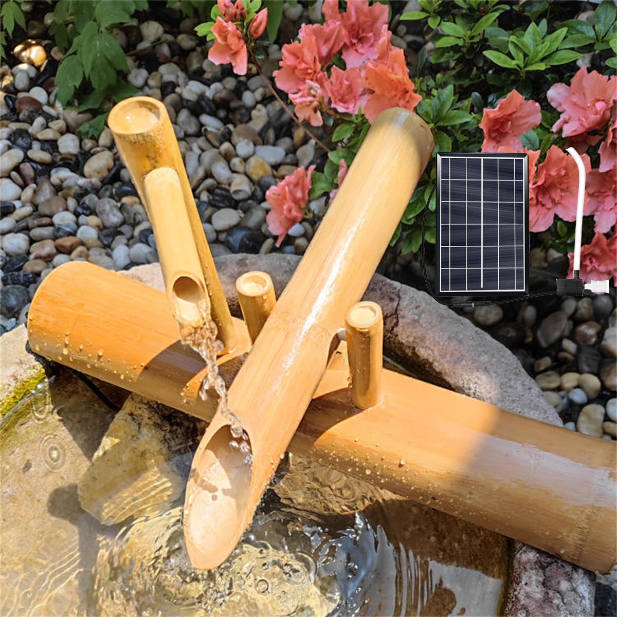 Fontana d'acqua in bambù ad energia solare, fontana d'acqua Feng Shui Zen con pompa, bambù naturale morbido infrangibile, facile da installare in laghetto o giardino, 90 cm, creatività, 50
