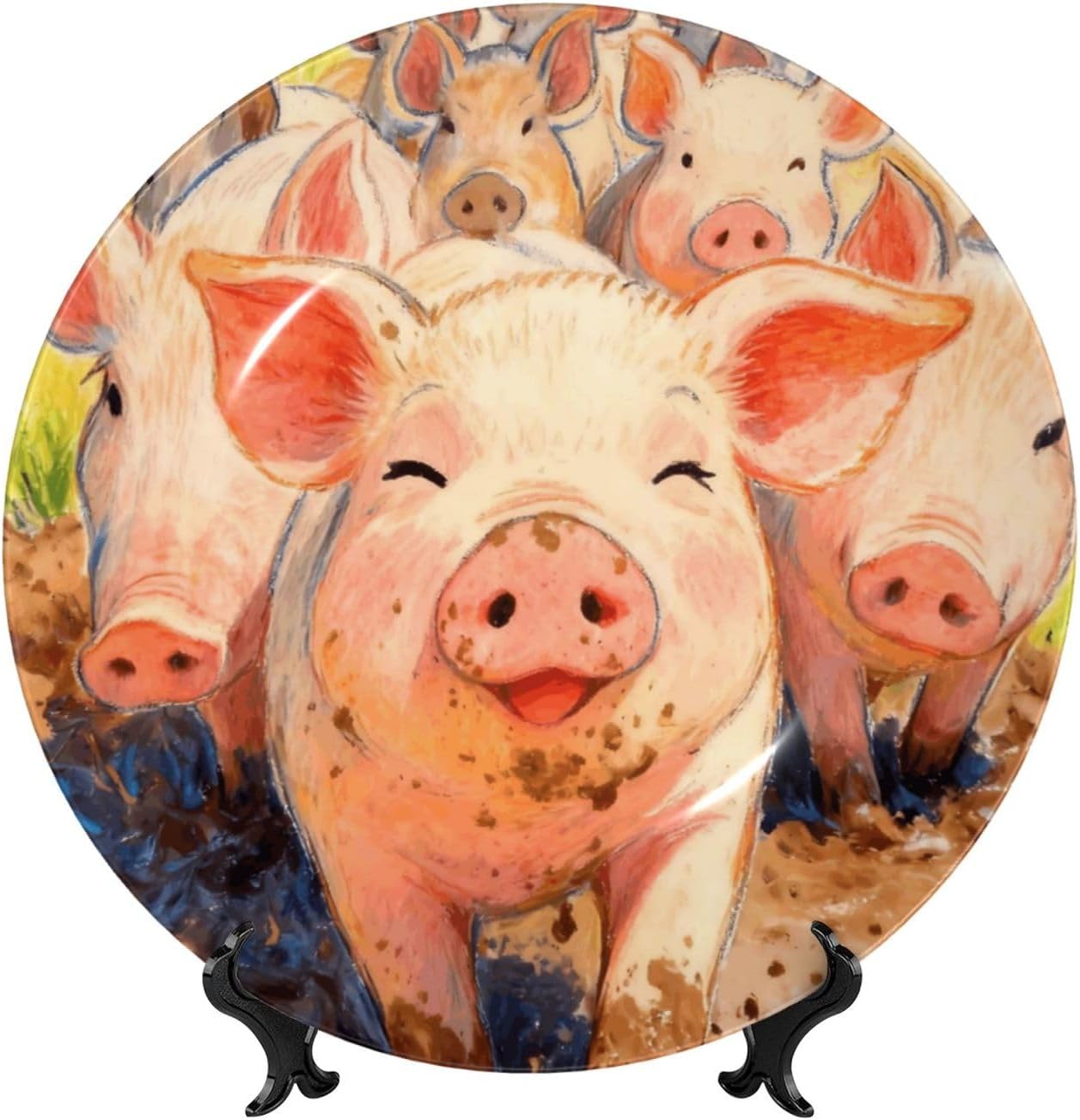 Cute Pig Farm Style Ceramic Plate Display Decorative Plate With Stand Wall Hanging Plate For Home Decor 10 Inch