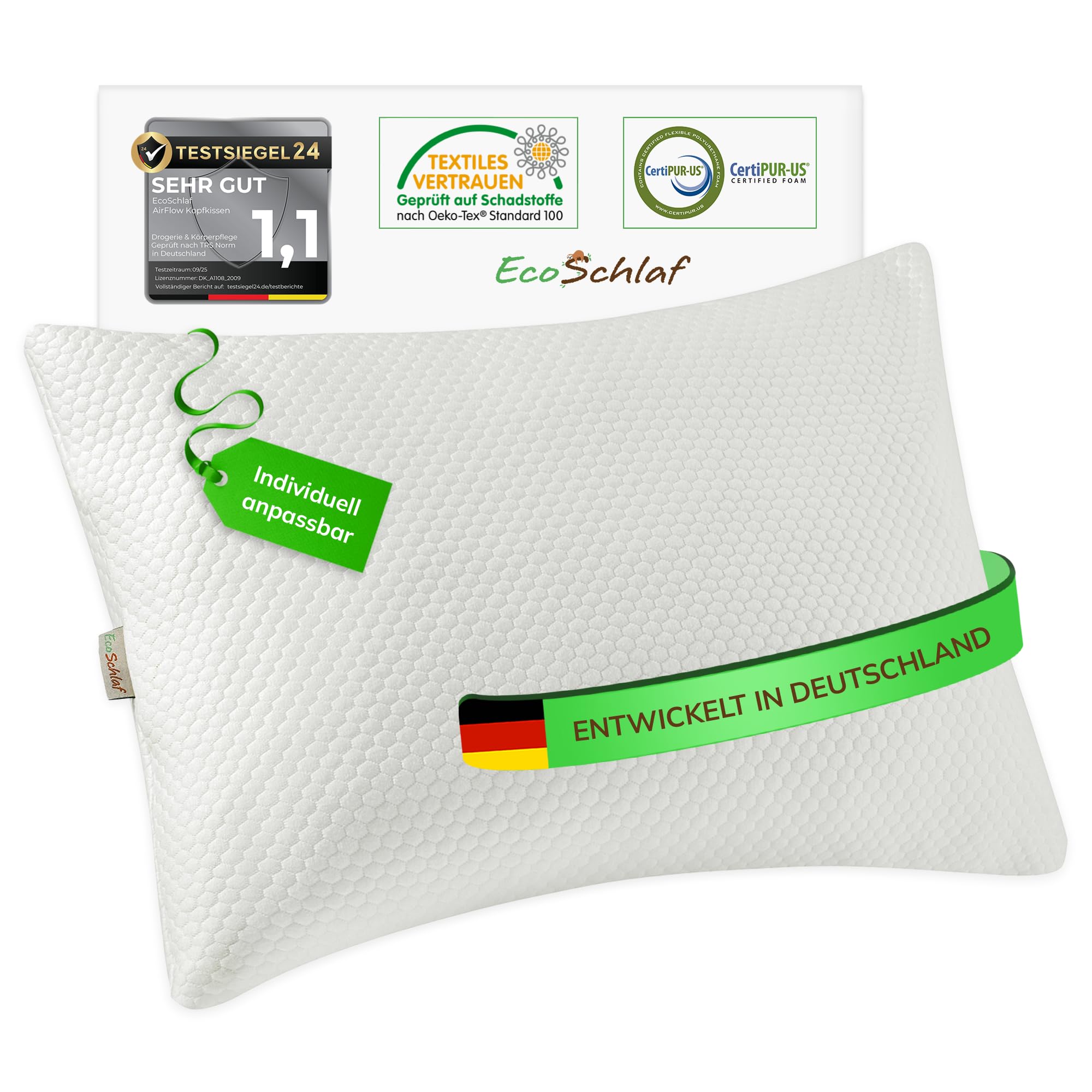 EcoSchlaf® Airflow Kopfkissen – Orthopädisches Kissen – Seitenschläferkissen Nackenkissen aus Memory Foam – Ergonomisches Nackenstützkissen – Nackenschmerzen – Seitenschläfer Pillow – Schlafkissen