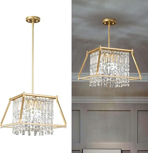 Miniatura 8 de LMQNINE Lámpara colgante de cristal de metal dorado para cocina, isla de comedor, sala de estar, techo plano e inclinado (trapezoidal, 15.74