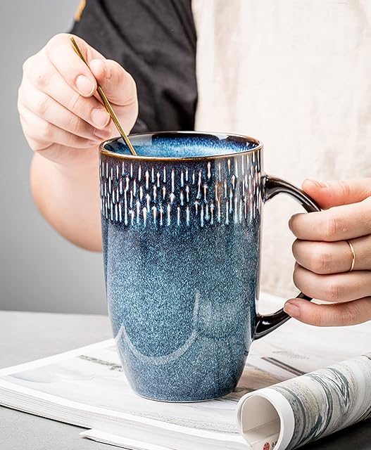 Zibaobeter 600ml Mug Coffee Cup Retro Ceramic Large Capacity Mug With Handle Blue Mug Home Office Gift