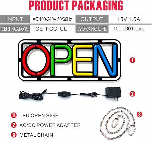 Miniatura 4 de USEND Letrero abierto LED para negocios, colorido neón abierto, 21.2 x 8.6 pulgadas, alta visibilidad con múltiples cambios de color, 15 V1.6 A,