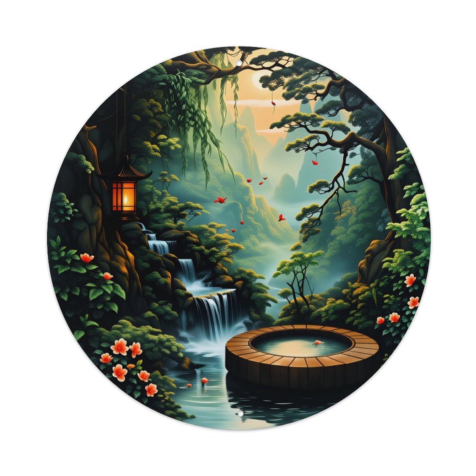 Wmlzdnwr Vintage Mystic Forest Waterfall Lantern Garden Pond Flowers Trees Mountain Light Round Tin Sign,Retro Wall Art,Metal Poster For Home, Bar, Garage, Cafe, Rustic Indoor & Outdoor Decor, 8X8 Inches