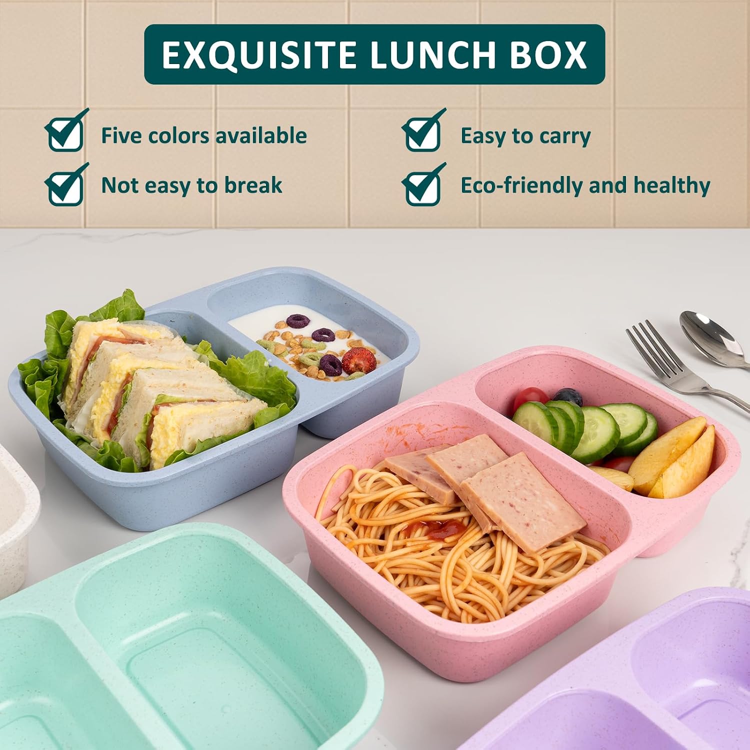 Bento Lunch Box 2 Compartment Food Storage Containers, Reusable Containers for Kids, Adults Meal Prep Box, Stackable BPA-Free Food Containers for Travel Work & School (10 Pack)
