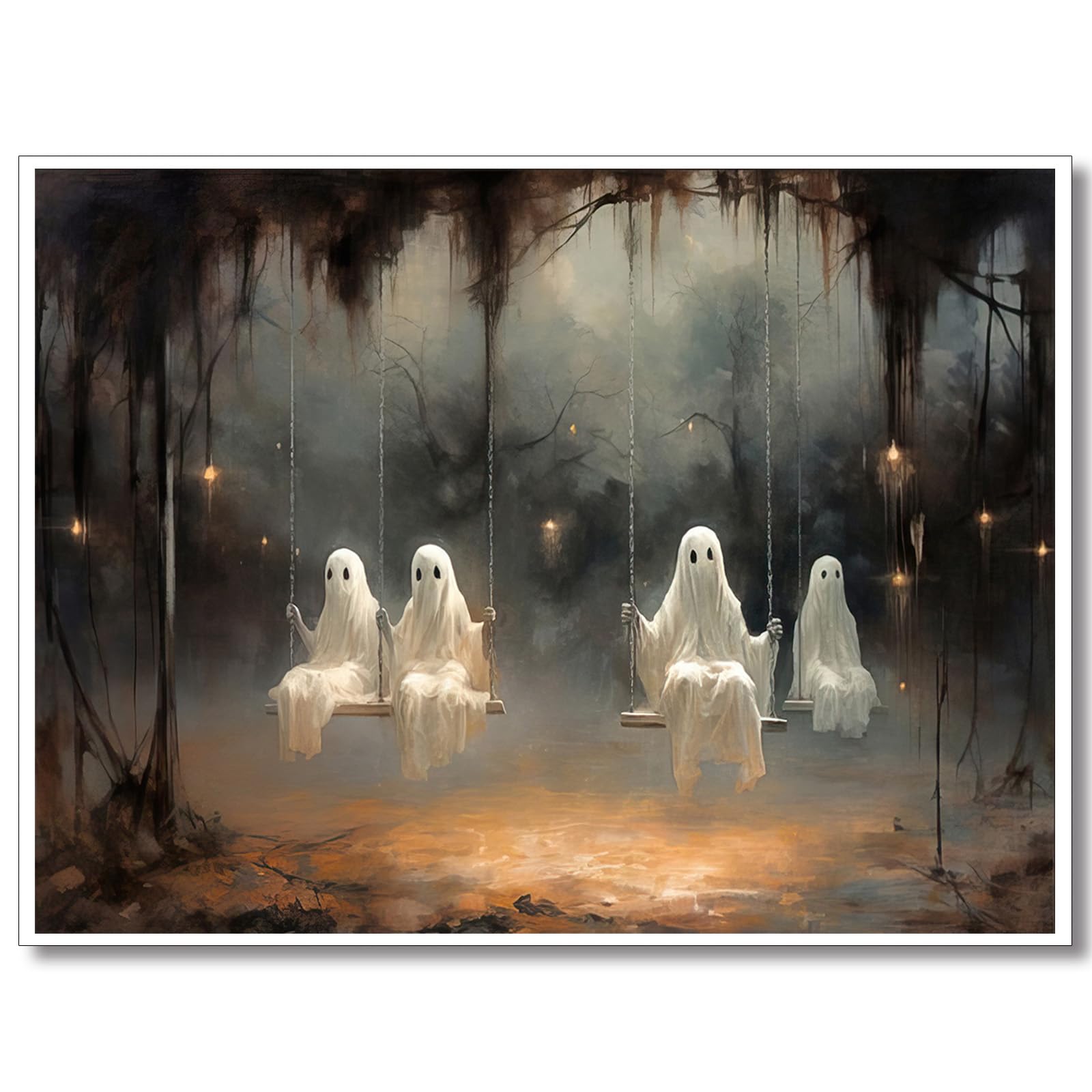 Vintage Cute Ghost Canvas Wall Art, Funny Ghost on A Swing in The Forest Aesthetic Poster, Gothic Dark Academia Wall Decor, Creepy Spooky Abandoned Art Halloween Pictures 12 x 16 in Unframed