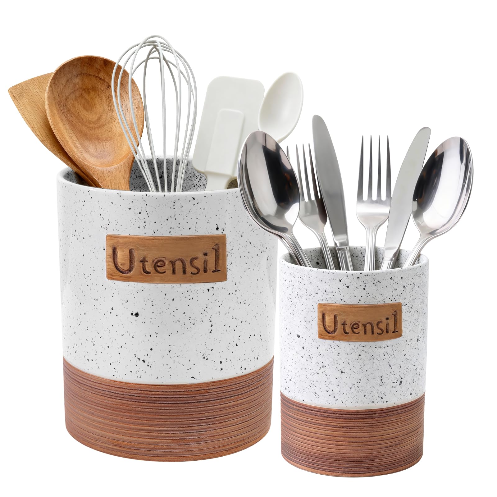 Alarrar Utensil Holder, 7.1"+5.4" Ceramic Kitchen Utensil Crock for Counter, Farmhouse Cooking Utensil Organizer for Spatula Spoon Silverware Vintage Kitchen Decor Accessories Set of 2, White