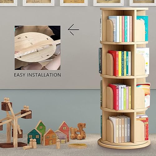 Miniatura 7 de SYALEO Estantería giratoria de 360 de madera maciza de 4 niveles, estante de almacenamiento de libros de pino estrecho organizador para dormitorio