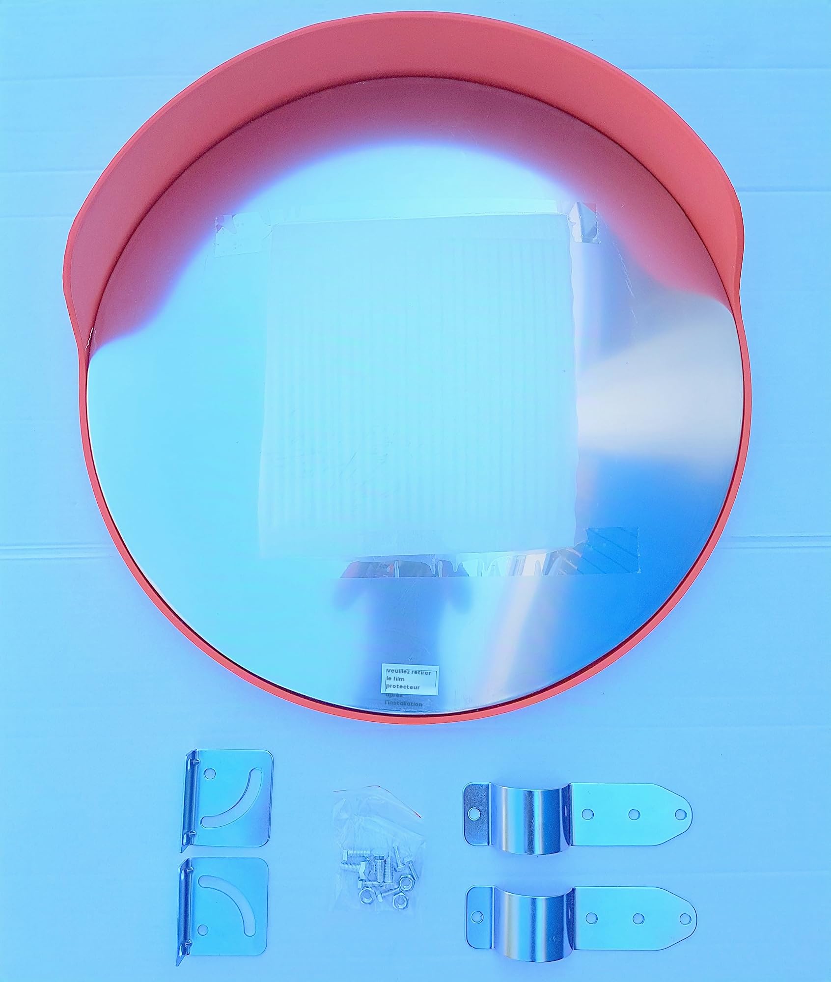 Miroir routier convexe, orange, 60 cm, pour la sécurité routière et commerces, avec support de fixation réglable pour des poteaux de 60 mm