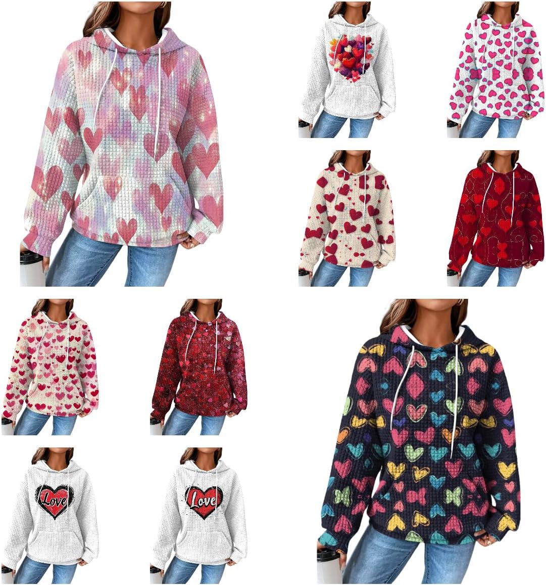 Valentines Hoodies For Women Heart Print Pullover Waffle Outdoor Oversized Fashion Hooded 2025 Fashion Sweatshirt - Image 5