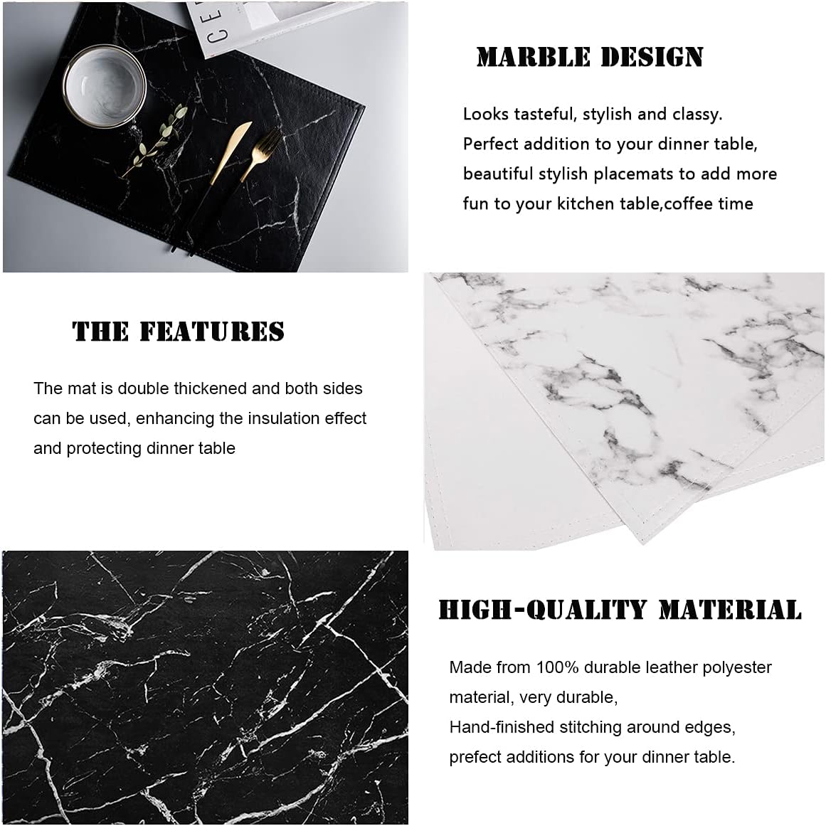 Marble Leather Placemats for Dining Table Waterproof Set of 4 Marble Decor for Kitchen Table Easy to Clean PU Place Mats for Dinning,Office (Marble（White）)