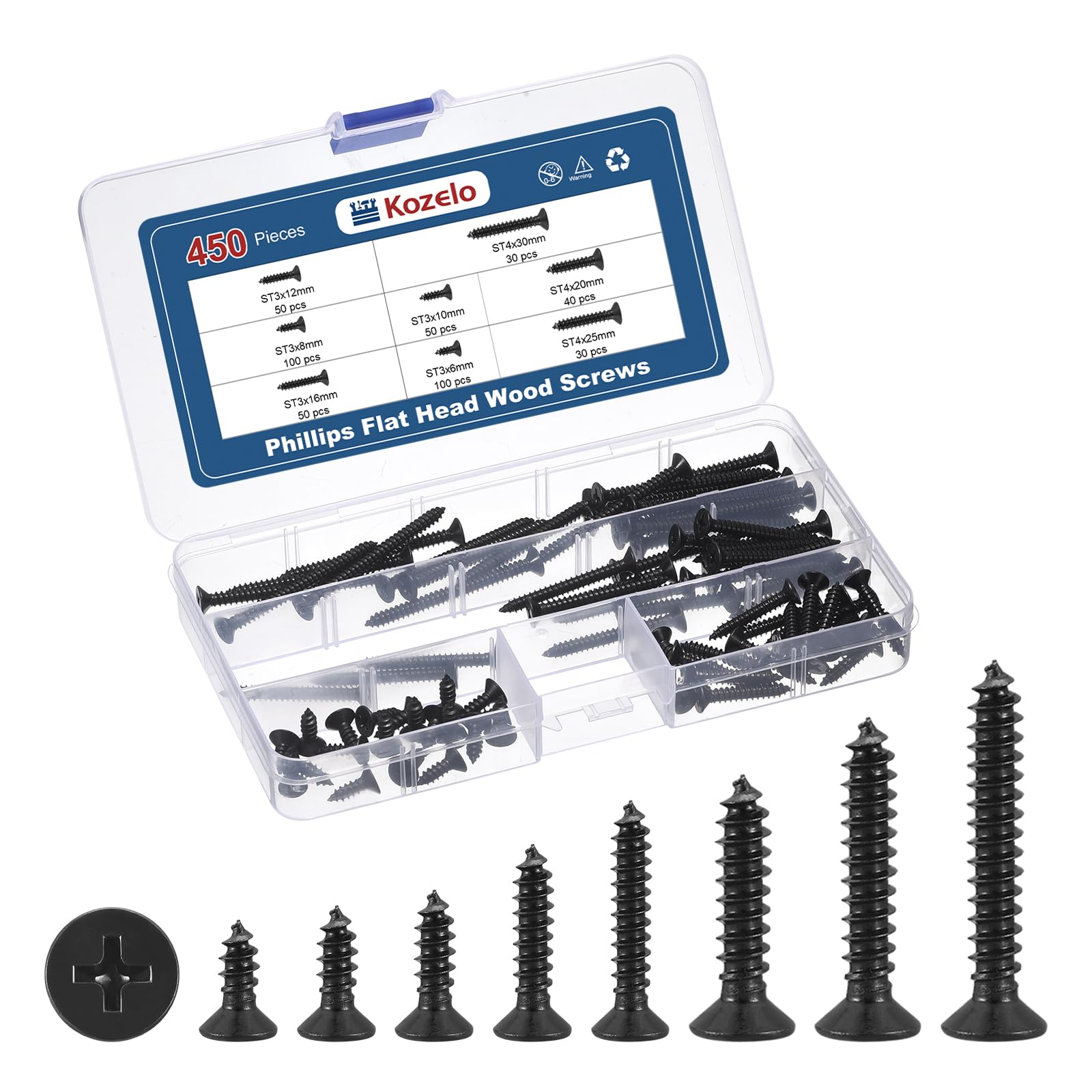 Kozelo 400pcs ST3 Phillips Flat Head Wood Screws Assortment Kit - [ST3x6/8/10/12/16/20/25/30mm] Carbon Steel Countersunk Self Tapping Screws for Wooden, Black — image 1