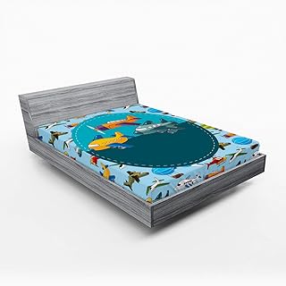 Ambesonne Party Fitted Sheet, Colorful Retro Style Various Cartoon Airplanes Air Balloons Zeppelins Boys, Soft Decorative Fabric Bedding All-Round Elastic Pocket, Queen Size, Sky Blue