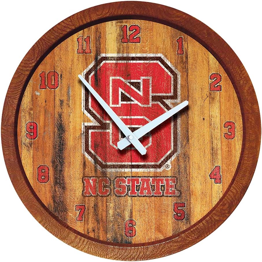 The Fan-Brand NCAA NC State Wolfpack: Weathered Faux Barrel Top Wall Clock Sports Team Bar Sign Décor - Home Man Cave, Party Decoration - Made On Demand