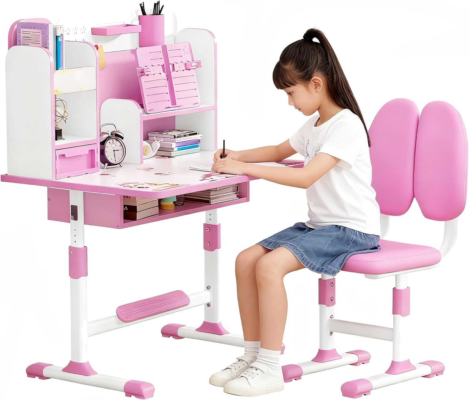 Kids Desk and Chair Set, Height Adjustable Children School Study Table and Chair Set with Sitting Corrector, Book Stand, Foot Pedal, Partition Design, for Kids 3-18 Years Old Pink
