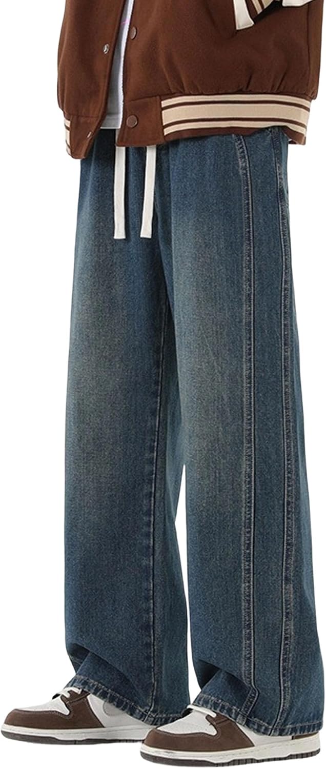 Men Micro Fade Drawstring Denim Pants High Street Baggy Straight Jeans Y2K Vintage Make Old Denim Trousers