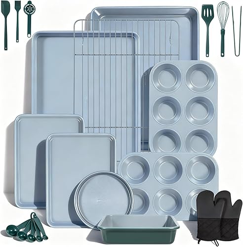 Miniatura 6 de Ammeloo 18-Piece Ceramic Pots and Pans Set & 22-Piece Baking Pans Set Stackable Bakeware Hunter Green