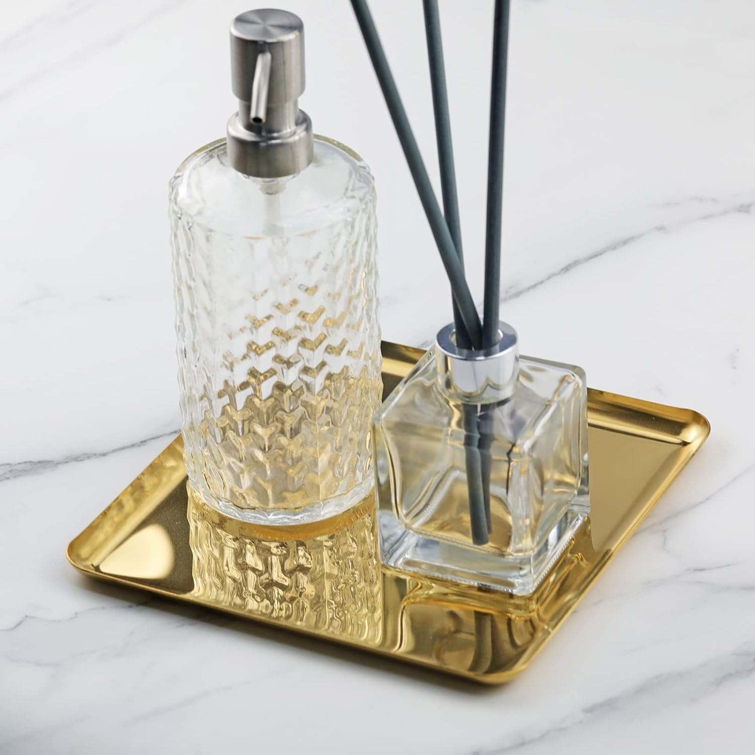 FREELOVE Metal Decorative Tray, Catchall Trays for Candle Tools Napkin Holder, Perfume Jewelry Organizer Makeup Trinket Dish, Dresser Vanity Counter Coffee Table Decor, Mirror Gold, 8''X8'' - Image 4