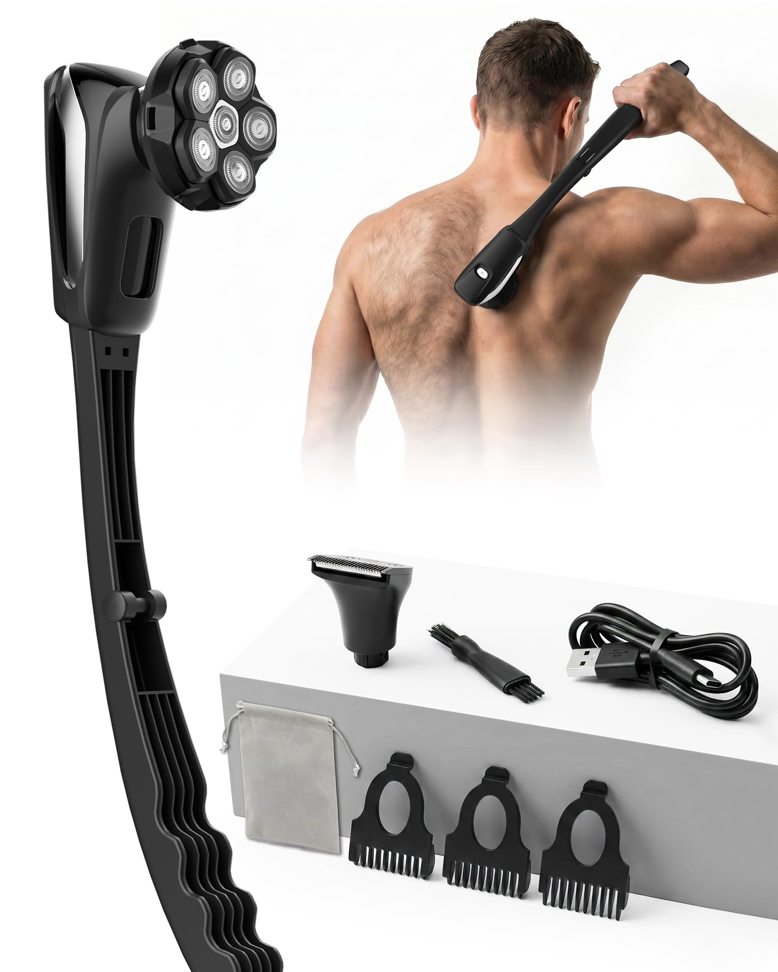 Rückenrasierer Herren, Elektrischer Körperrasierer mit Klappgriff | 2-in-1 Bodygroom für Rückenrasur, Wasserdicht, für Körper, Gesicht und Kopf, Pflege-Set für Männer, Silber
