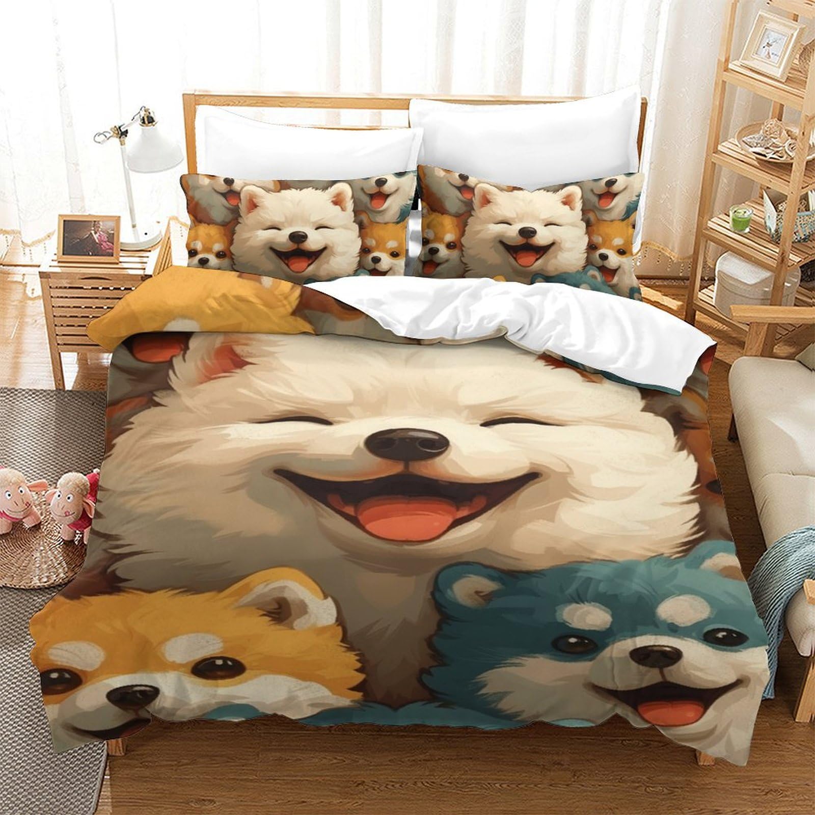Housse de couette motif chien poméranien microfibre 140x200cm pour lit 1 place enfant adulte