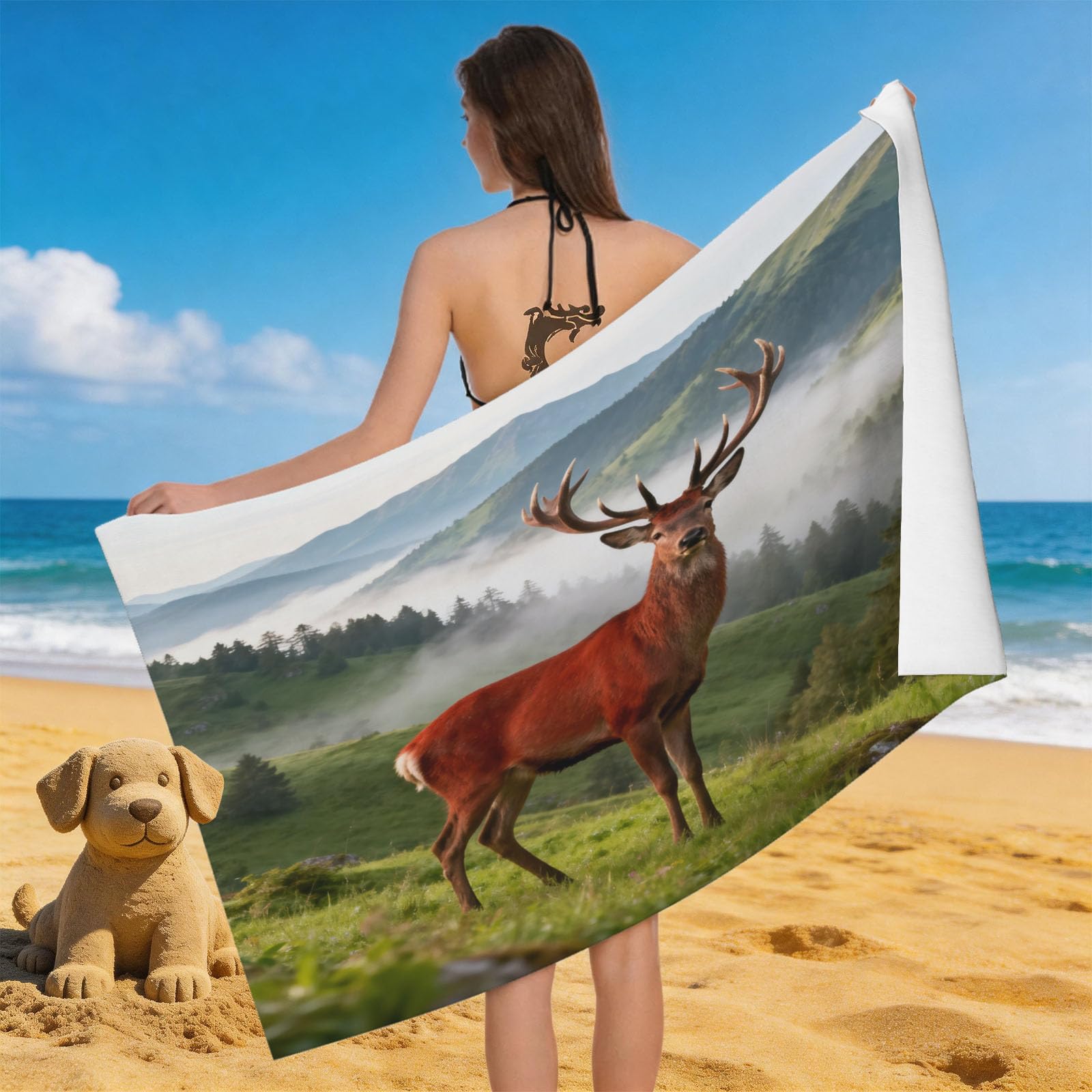 Leichong 3D Deer Beach Towel Microfiber Soft Quick Dry for Adults, Woods Animals Bath Towel Lightweight Soft Absorbent for Travel Swimming Pool Sports, 75 x 150 cm
