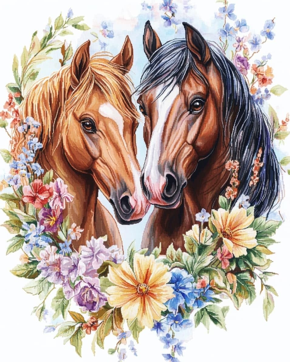 WallustrioaW DIY Stamped Cross Stitch Kits,Easy for Beginners and Children,Two Horses,11CT Needlepoint Embroidery Kits Art Craft Wall Decoration,40x50cm