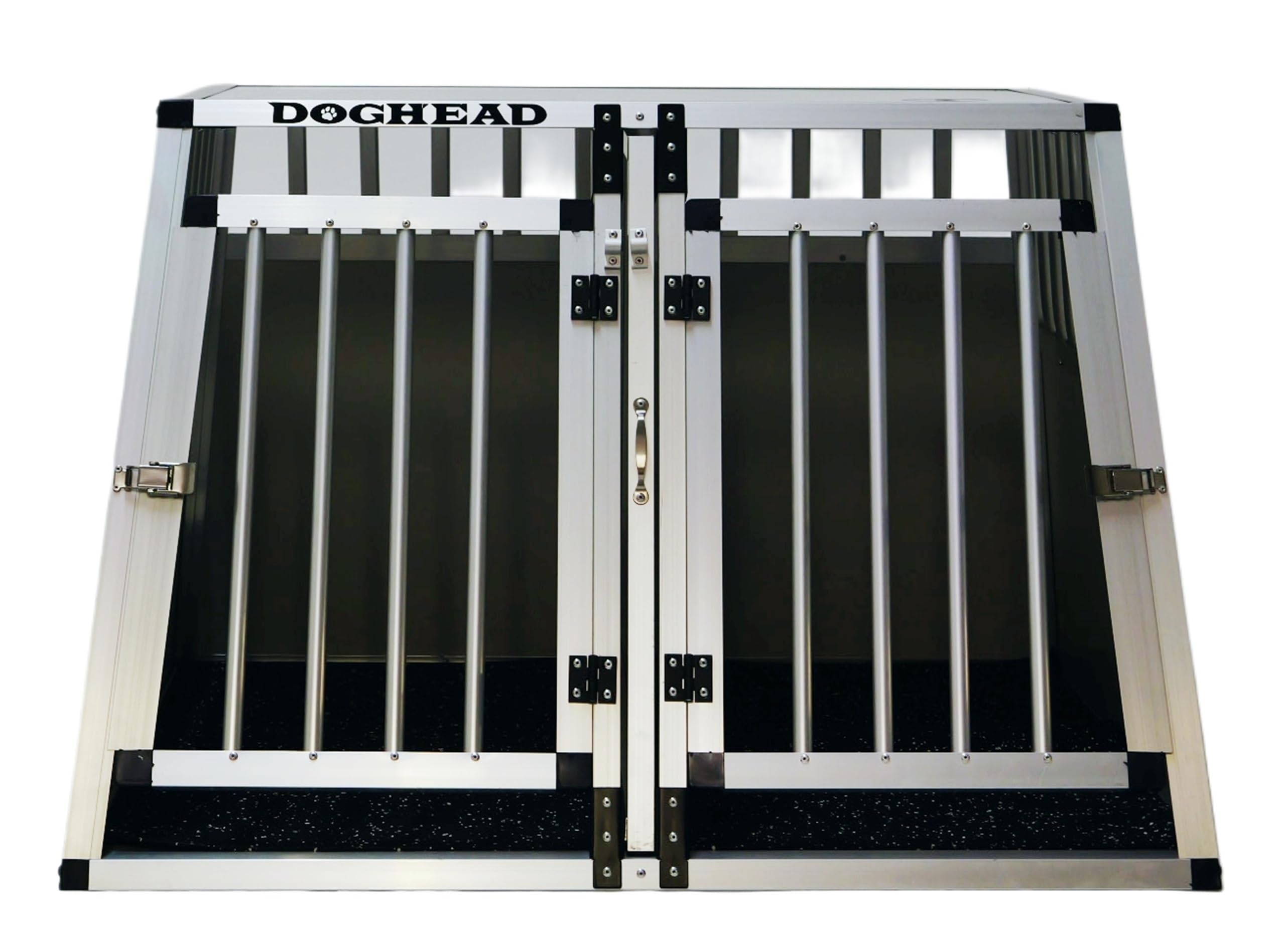 DOGHEAD Hundetransportbox Comfort, Double 97x85x69 cm EG, Schwarz, Aluminium, Vorne 65° Grad Winkel abgeschrägt, hinten 90° Grad (gerade), Trennwand mit Griff, Keine Kombibox