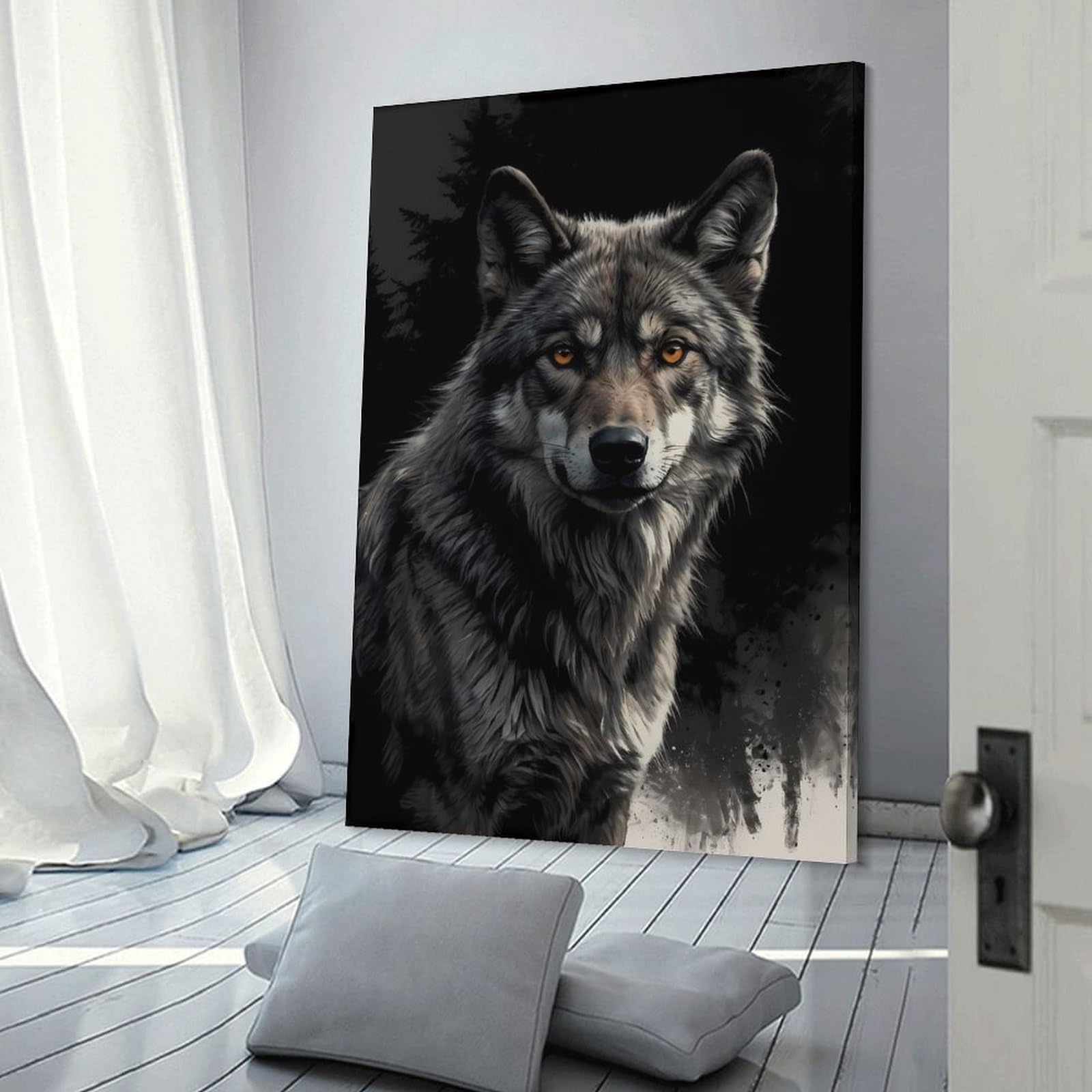 Junmoney Wall Art Print Gaze of The Night Wolf, 24x36inch(60x90cm), for Picture Wall Styling in Lounge Or Bedroom, Wall Decor Suited to Curated Displays