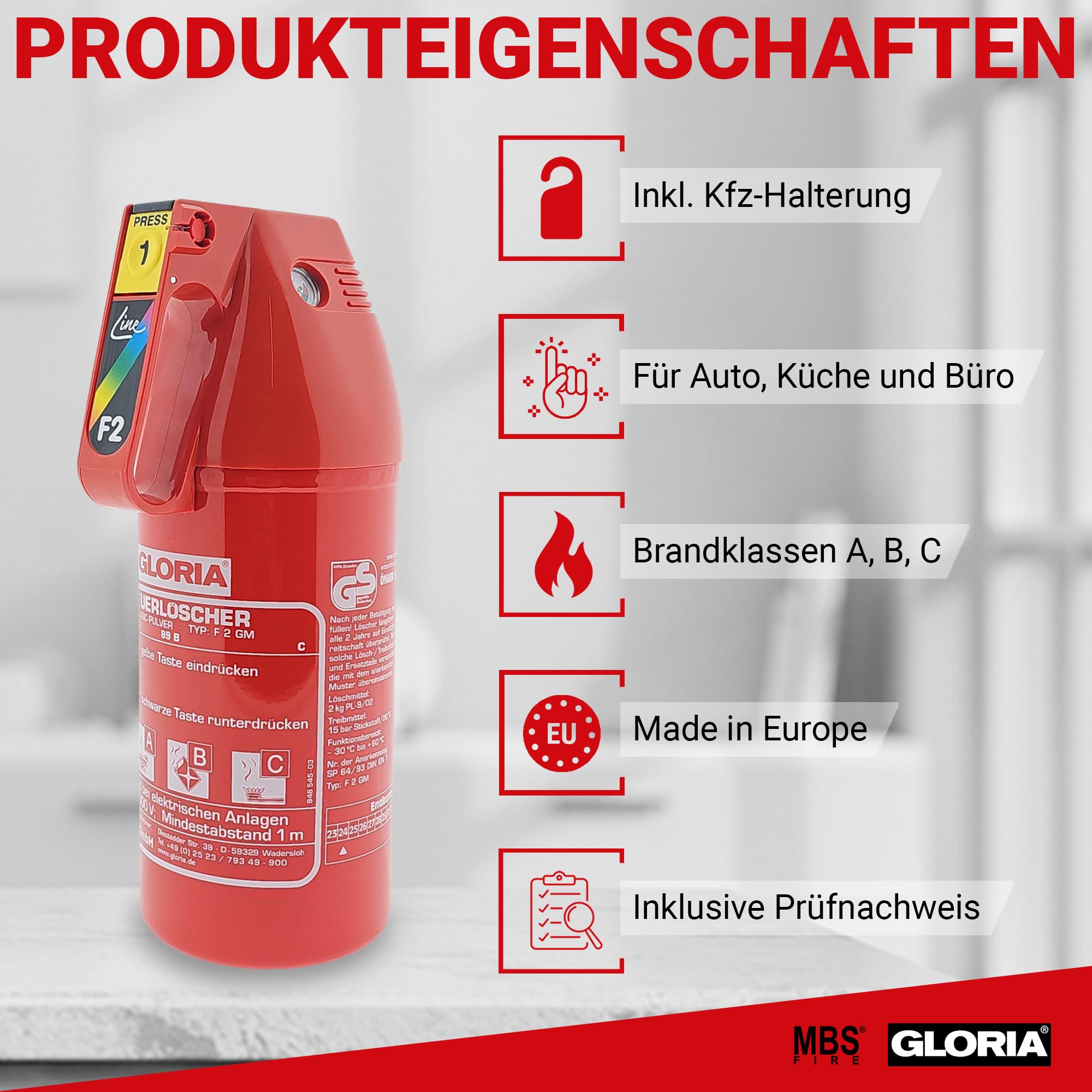 Estintore (Efficacia: 13-89B-C) | Estintore da 2 kg. di ABC Powder | Modello: F2GM | Brand Gloria | Multi-applicazione, utilizzata per auto, barche, roulotte, case, locali commerciali e altro ancora.