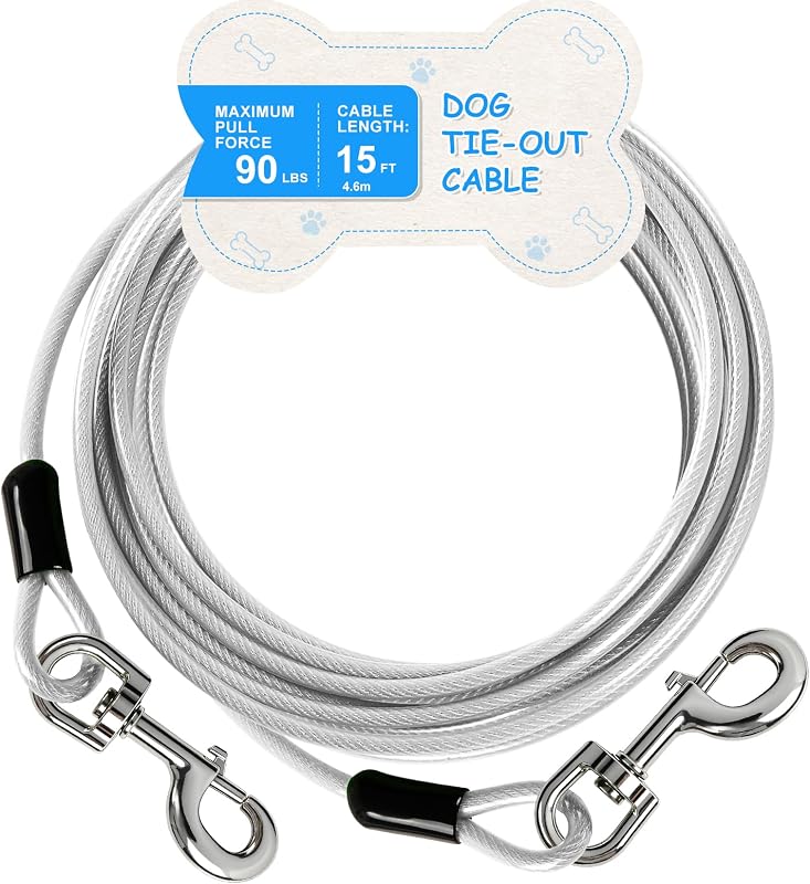 Guia de Contenção para Cães em Cabo de Aço Galvanizado MooonGem com Gancho Giratório – 2, 3, 5 ou 12 m, Prata