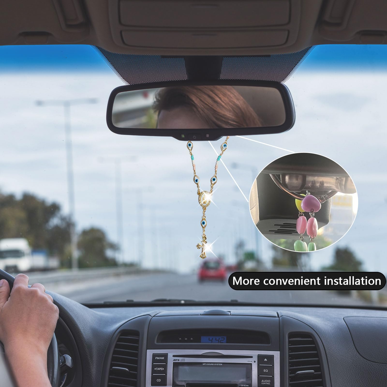 Car Rosary for Rearview Mirror Evil Eye Rearview Mirror Auto Rosary Beads Car Medal and Cross Hanging Accessories — view 6