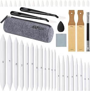 AGPTEK 48 PCS Sketch Drawing Tools, 20 Blending Stumps Set with 2 Sandpaper Pencil Sharpeners, Pencil Extension, Erasers,20 sponge replacement heads & 1 Felt Bag for Student Sketch Drawing Accessories | 20 Blending Stumps Set, 2 Sandpaper Pencil Shar