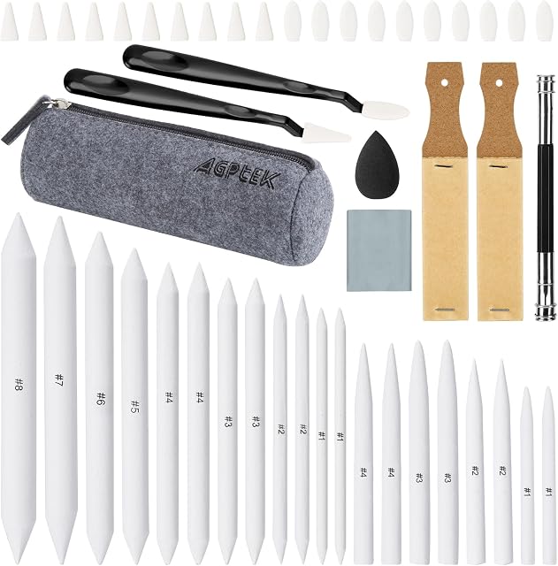 AGPTEK 48 PCS Sketch Drawing Tools, 20 Blending Stumps Set with 2 Sandpaper Pencil Sharpeners, Pencil Extension, Erasers,20 sponge replacement heads & 1 Felt Bag for Student Sketch Drawing Accessories | 20 Blending Stumps Set, 2 Sandpaper Pencil Shar