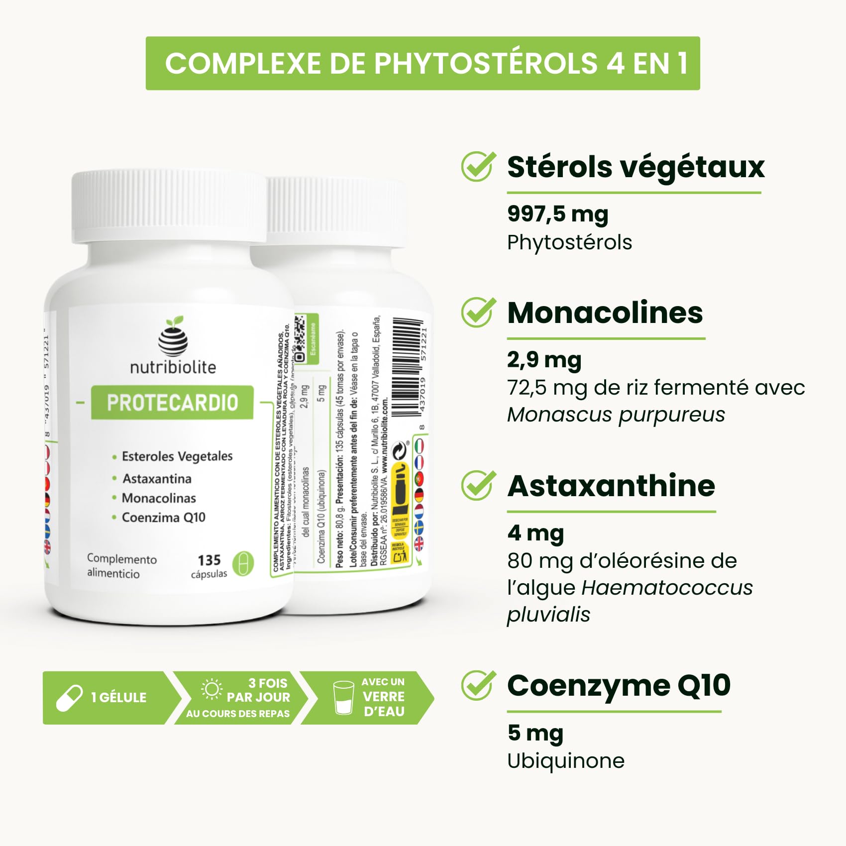 Stérols Végétaux (Phytostérols), Levure de Riz Rouge (Monacolines), Astaxanthine et Coenzyme Q10 – Cholestérol et Triglycérides – 135 gélules – Végan – Sans additifs | Protecardio Nutribiolite