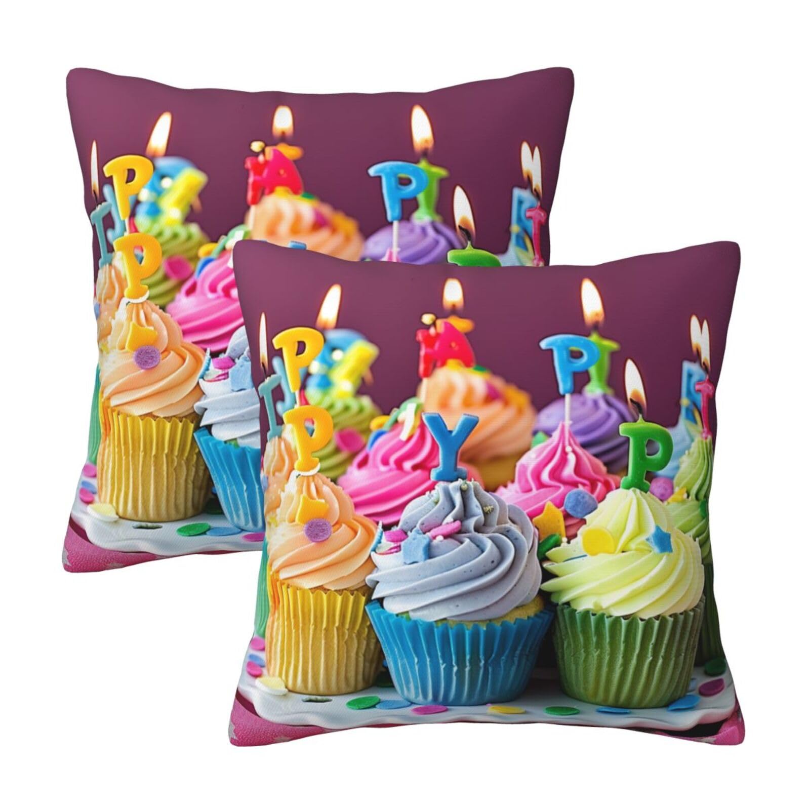 kkvhhyuo Colorful Happy Birthday Cupcakes Print Pillow Covers Set of 2, Square Decorative Cushion Covers with Hidden Zipper, Throw Pillow Cases for Living Room Sofa Bed Chair, 50x50 cm