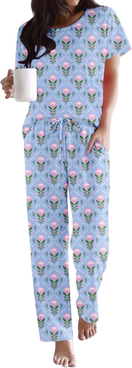 Ekouaer Conjuntos de pijamas para mujer con cuello redondo Pjs sueltos conjuntos de ropa de dormir
