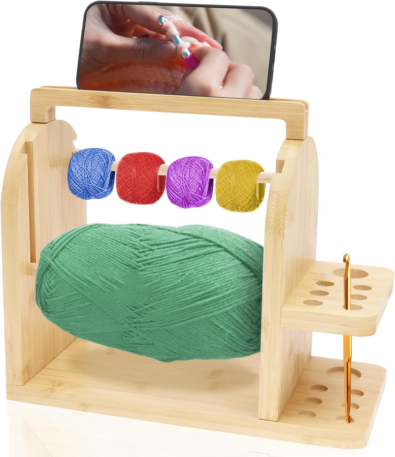 Yarn Holder for Crocheting and Knitting, Bamboo Wooden Yarn Spinner Storage Organizer with Built-in Phone Stand, Tangle-Free Dual Rods and Crocheting Tool Holder, Works with Skein,Cake,Ball