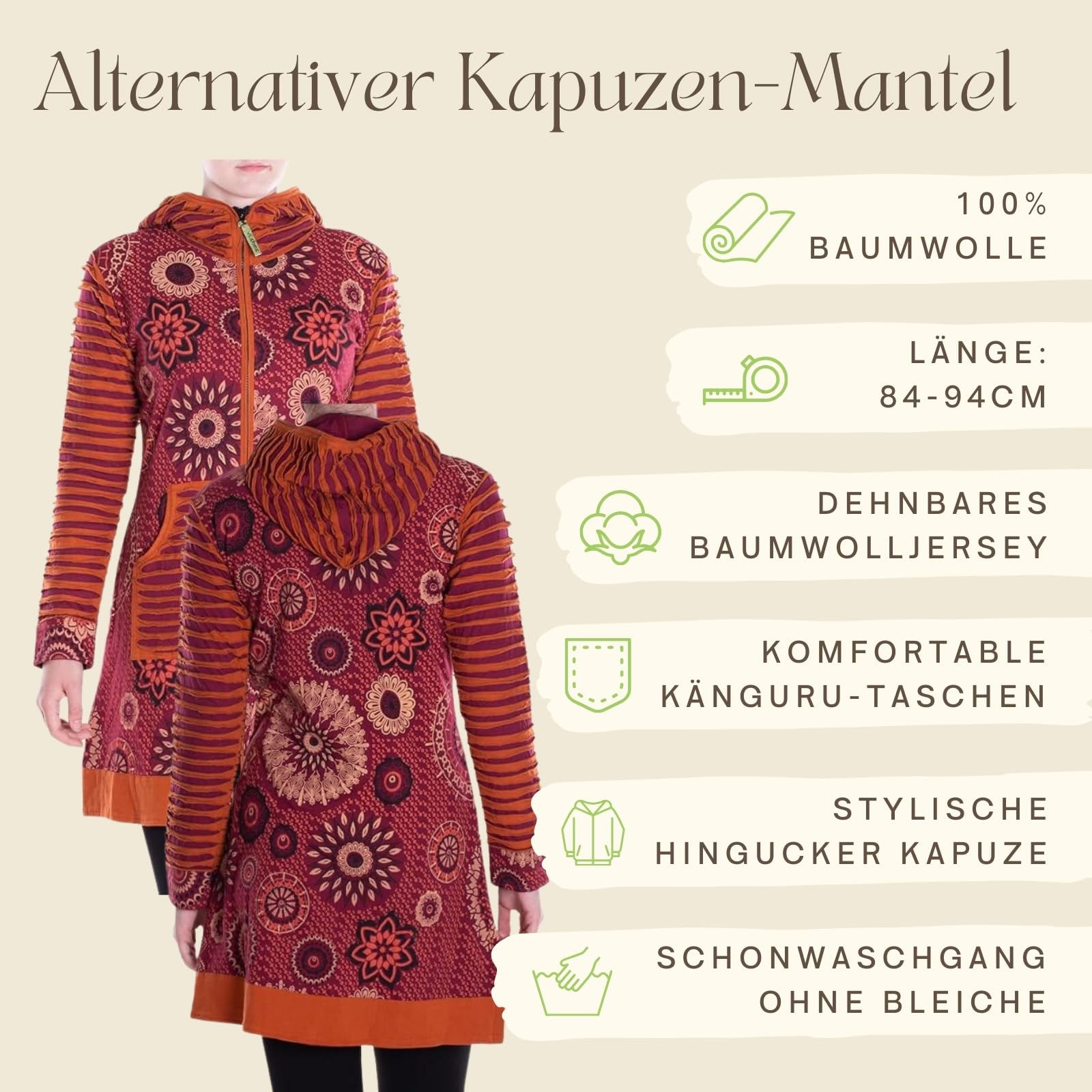 Vishes Damen Mantel mit Kapuze | Handgefertigt aus 100% Baumwolle | Ideal für Frühling, Sommer & Herbst | Nachhaltige Alternative Bekleidung