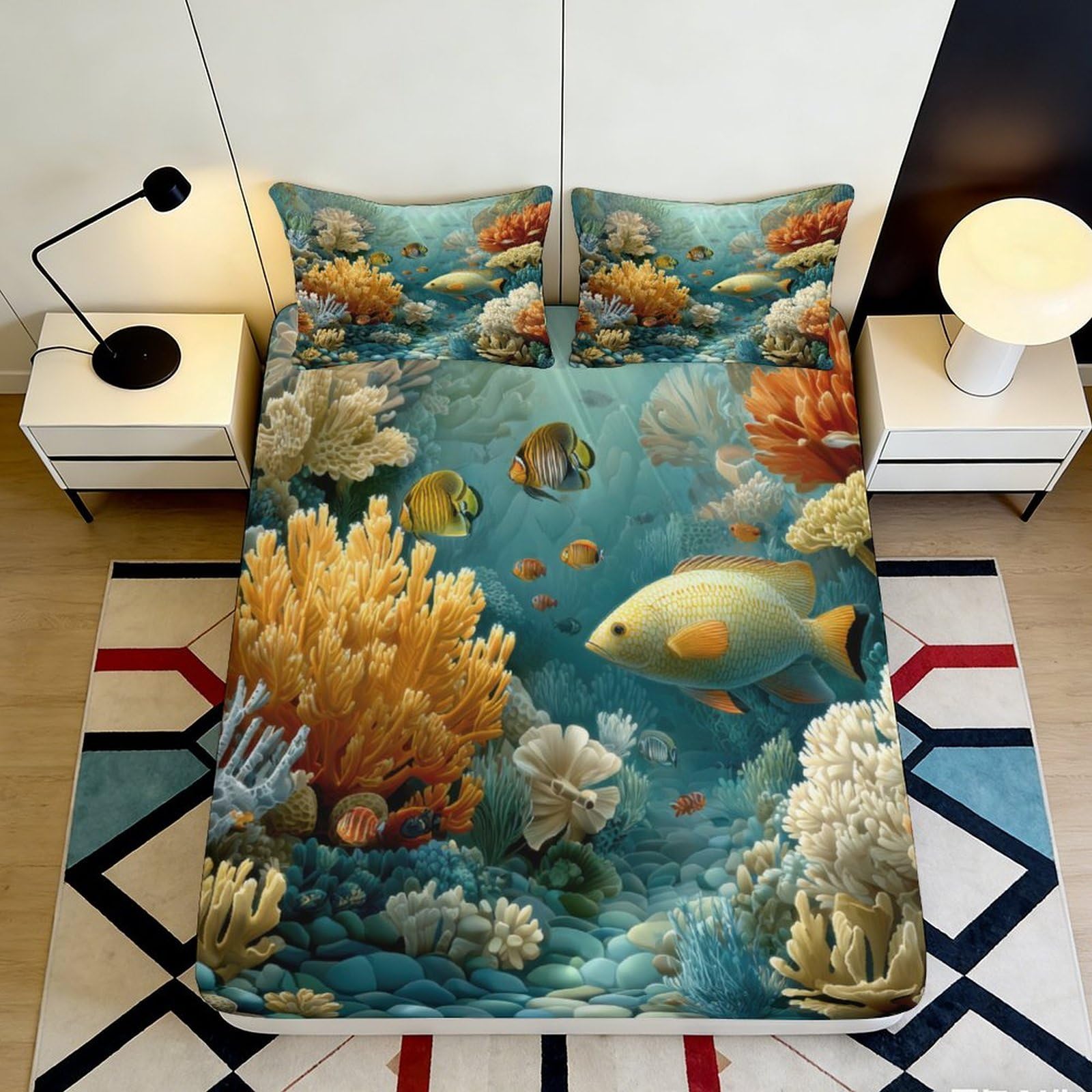 3D Printed Underwater Coral Fitted Sheet Microfiber Soft Fish Ocean Mattress Cover Bedroom Decor Washable 90x200x25cm
