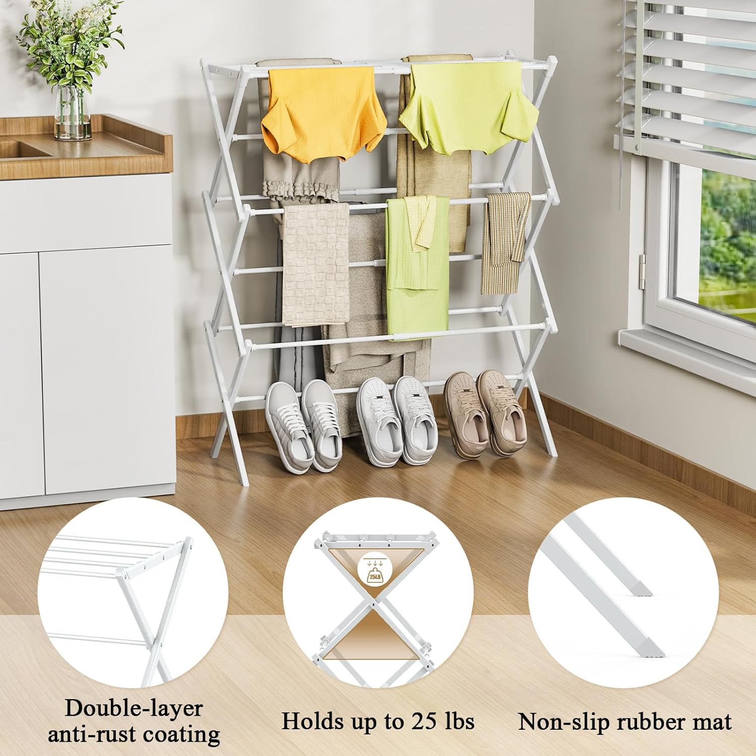 Drying Rack Clothing, 3-Tier Clothes Drying Rack Foldable Use for Indoor & Outdoor Antirust Laundry Drying Rack Collapsible White 28" L x 35" H x 10" W