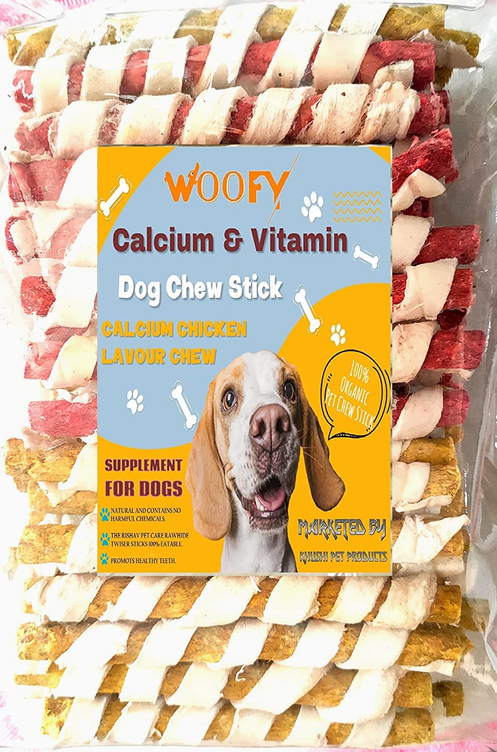 Woofy Dog Spiral munchy Rawhide chew Stick 500gm Chicken Flavour