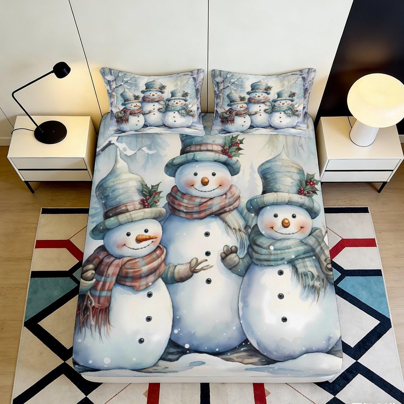 3D Printed Snowman Fitted Sheet Microfiber Soft Breathable Winter Scene Mattress Cover for Bedroom Dormitory Guest Room Protection Decoration 160x200x25cm