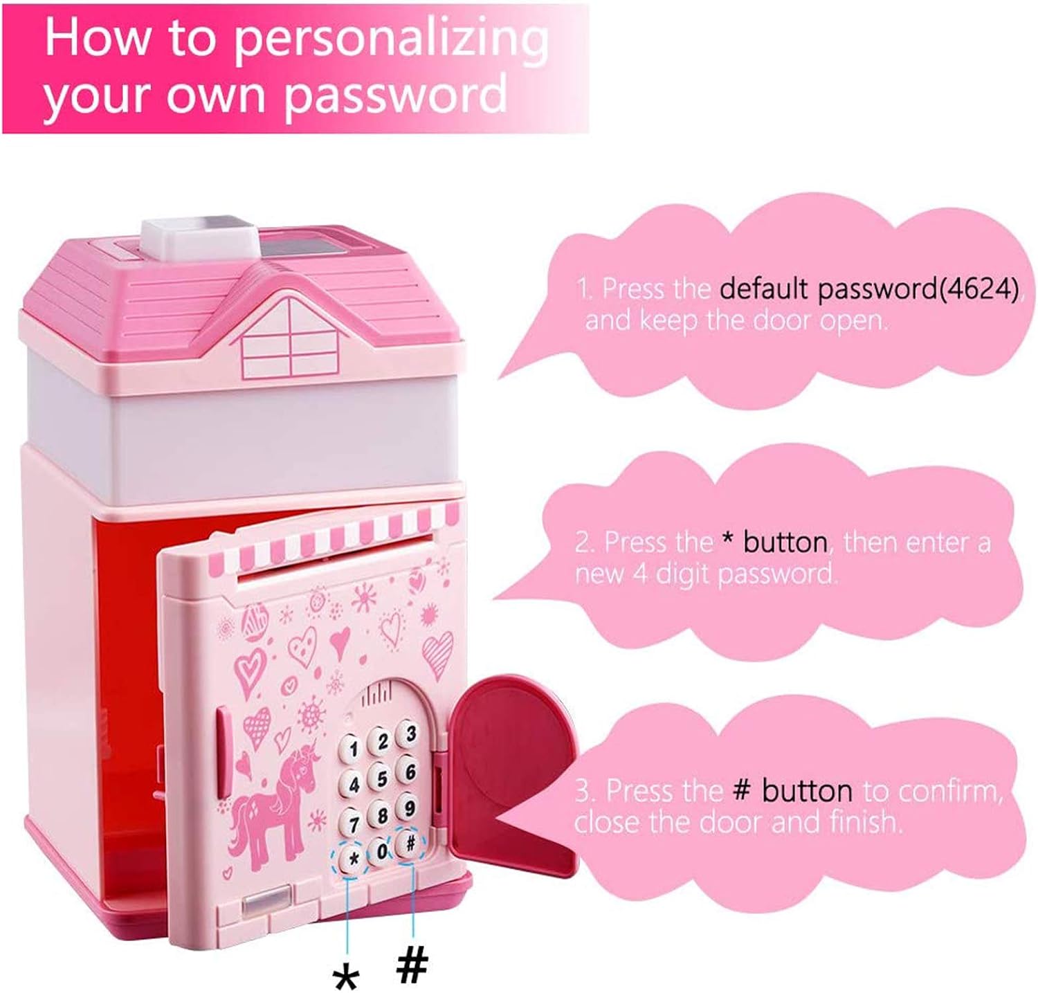 Piggy Bank for Girls, Electronic Money Coin Code Bank with USB Rechargeable Battery, Pink Kids ATM Safe Box with Personal Password, RGB Night Light, 10 Music, Gifts for Age 5 6 7 8+