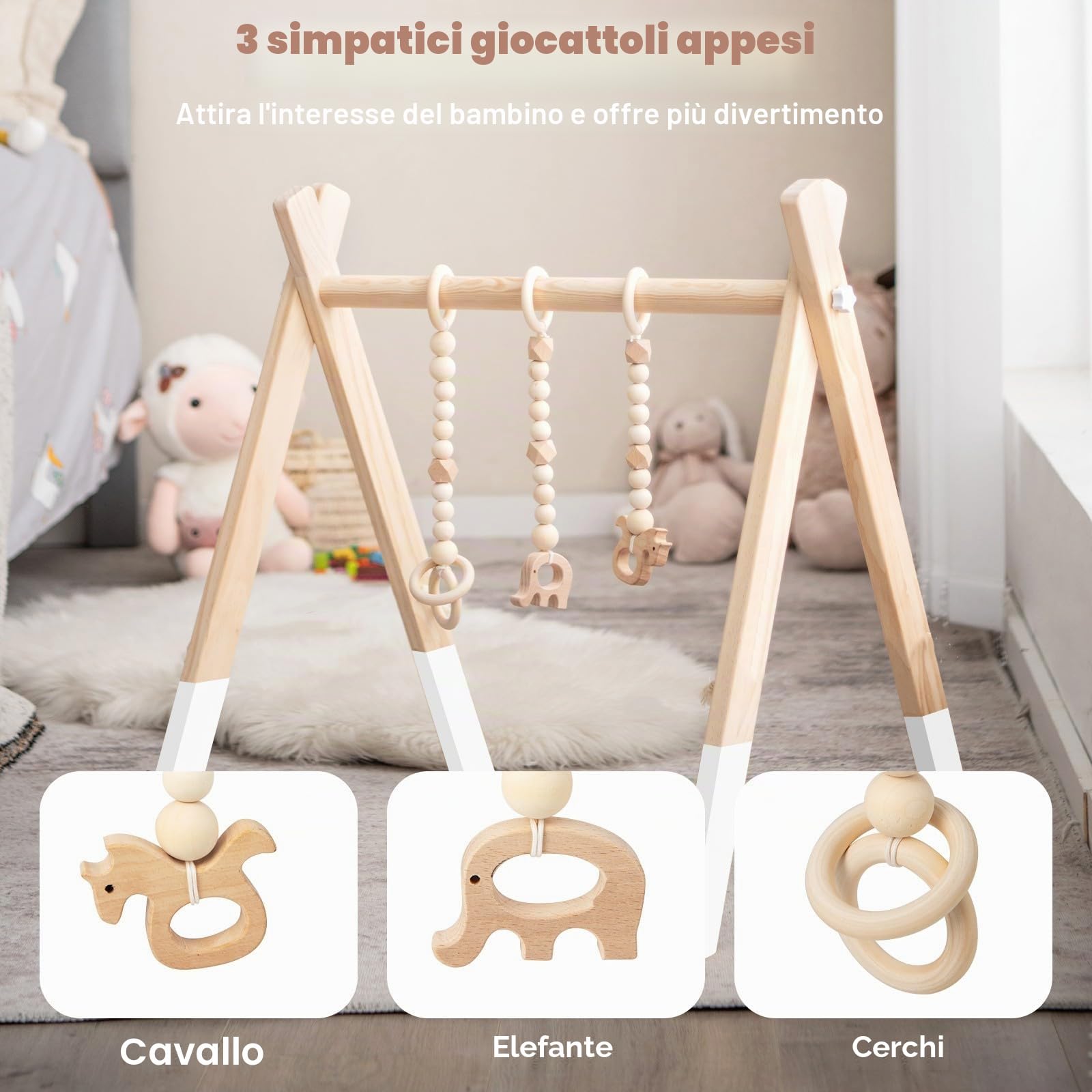 LIFEZEAL Portico di risveglio, arco di risveglio, giocattolo di attività, in legno, palestra per bambini pieghevole, trapezio di gioco per bambini 3+ mesi, cameretta dei bambini (bianco)