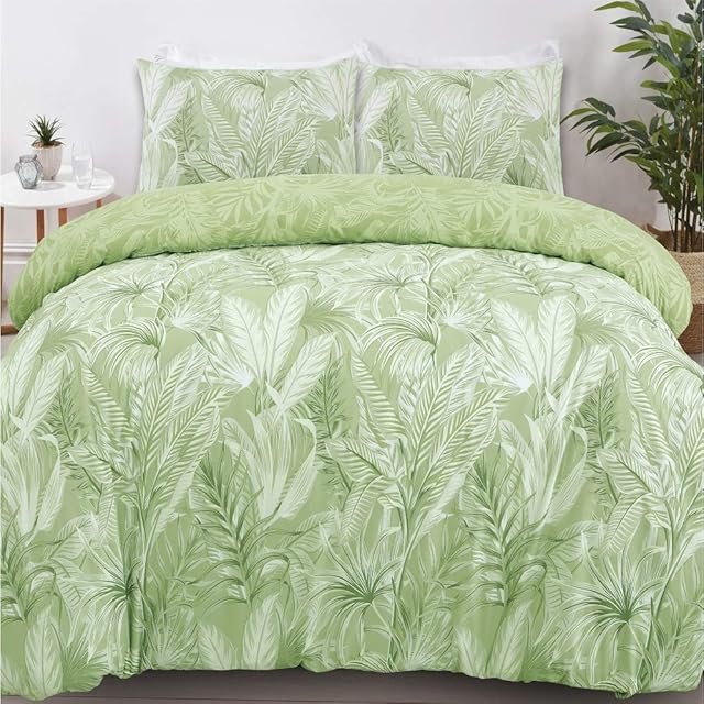 Night Comfort Eco Breathable Duvet Cover with Pillowcases | 100% Polycotton Percale Exclusive Peyton Soft Green Design | Washable and Non-Allergenic Bedding Set (Double)