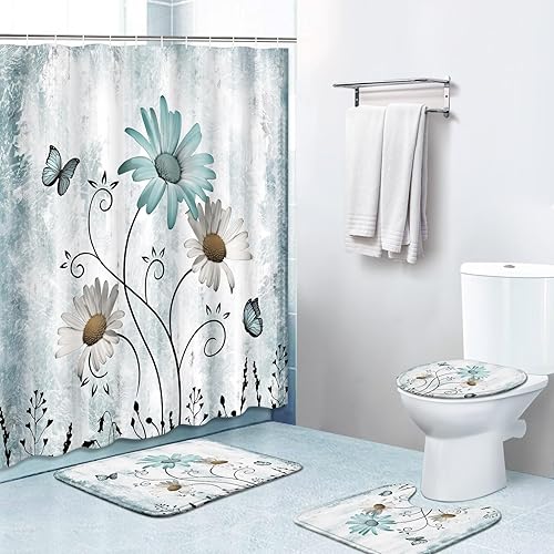 Miniatura 7 de Juego de cortinas de ducha de 4 piezas, madera desgastada de margaritas moradas con alfombras antideslizantes, cubierta para tapa de inodoro y