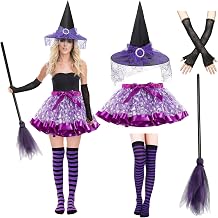 Witch Costume Women, 5PCS Halloween Costume with Hat Tutu Broom Striped Thigh Socks Gloves