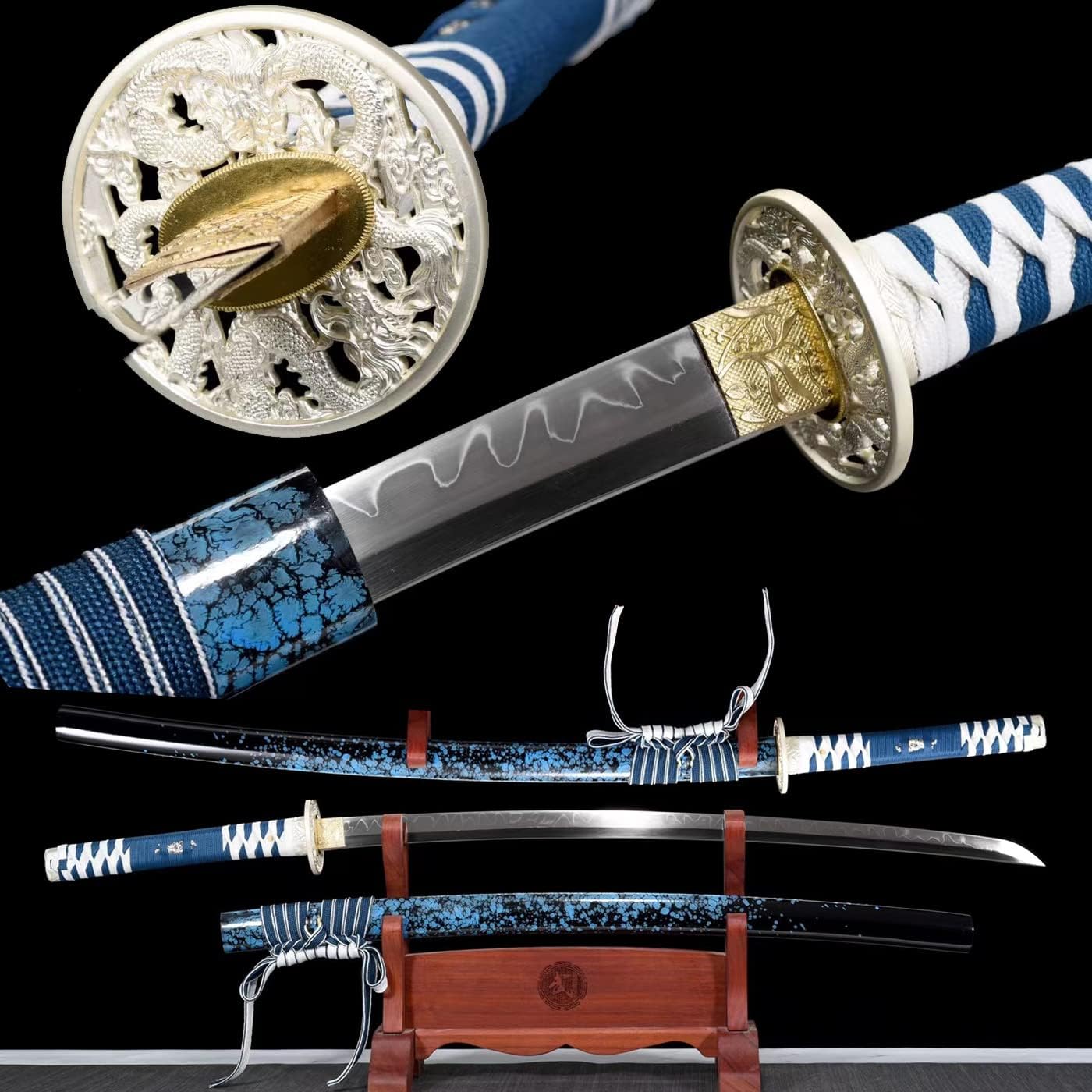 Real Hamon Katana Samurai Sword,Razor Sharp Handmade Katana,Japanese Swords Full Tang Blade Clay Tempered T10 High Carbon Steel Traditional Heat Tempered Sliver Dragon Katana